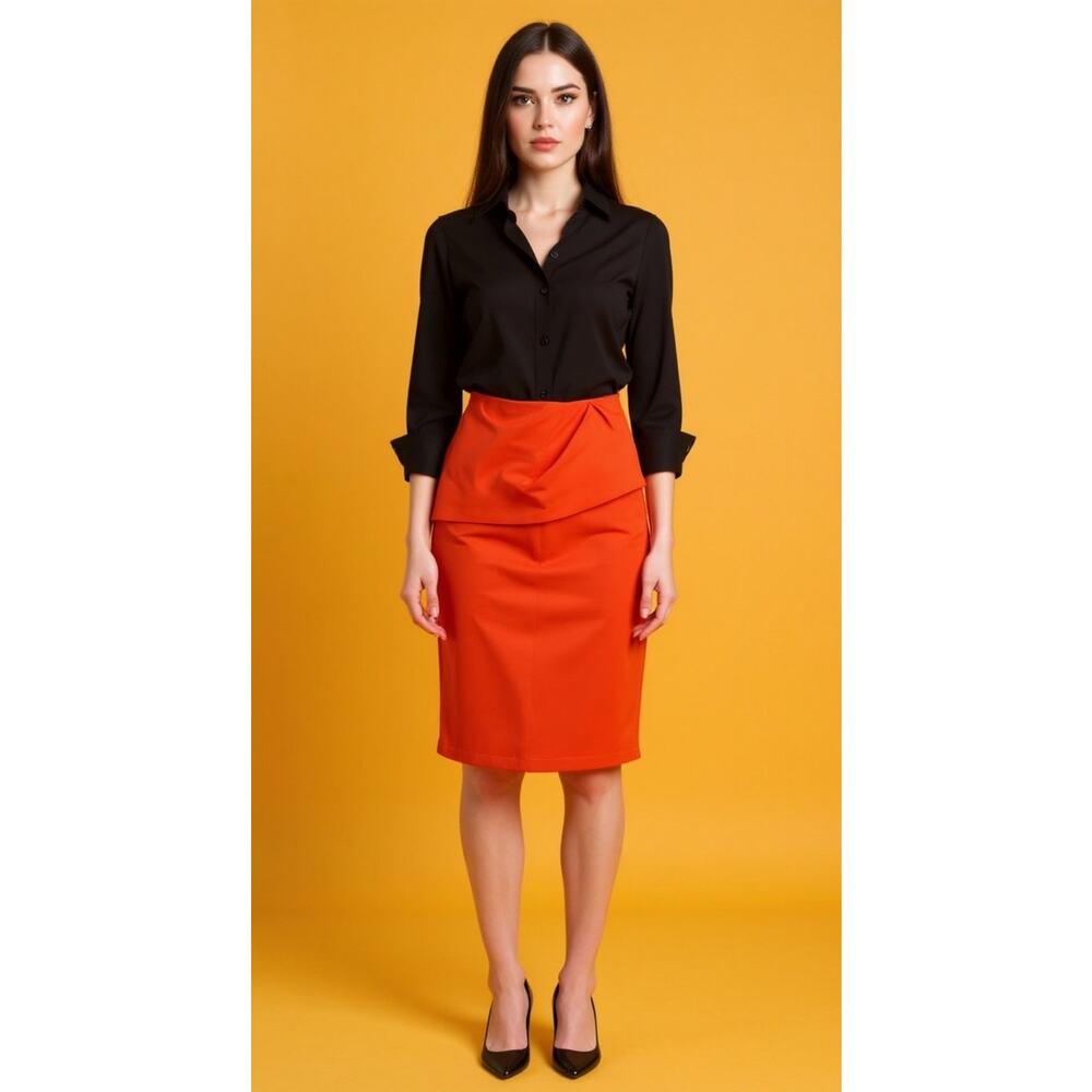 CAbi Pencil‎ Skirt Womens Size 8 Turmeric Orange Draped Asymmetrical Knee